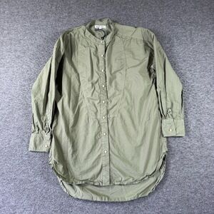 ALEX MILL Womens M Olive Khaki Green Band Collar Pleated Front Button Up Shirt